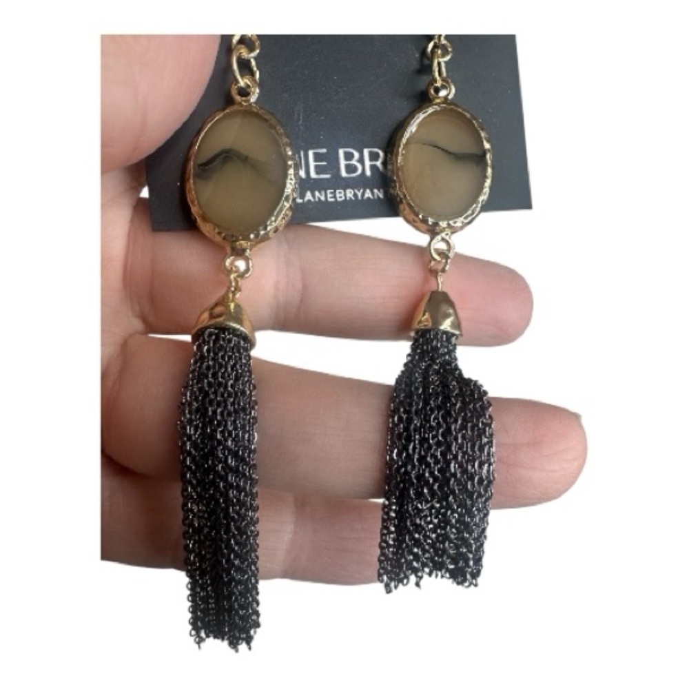 Lane Bryant Black Tassel Earrings – Gold Oval & Chain Fringe, Nickel-Free